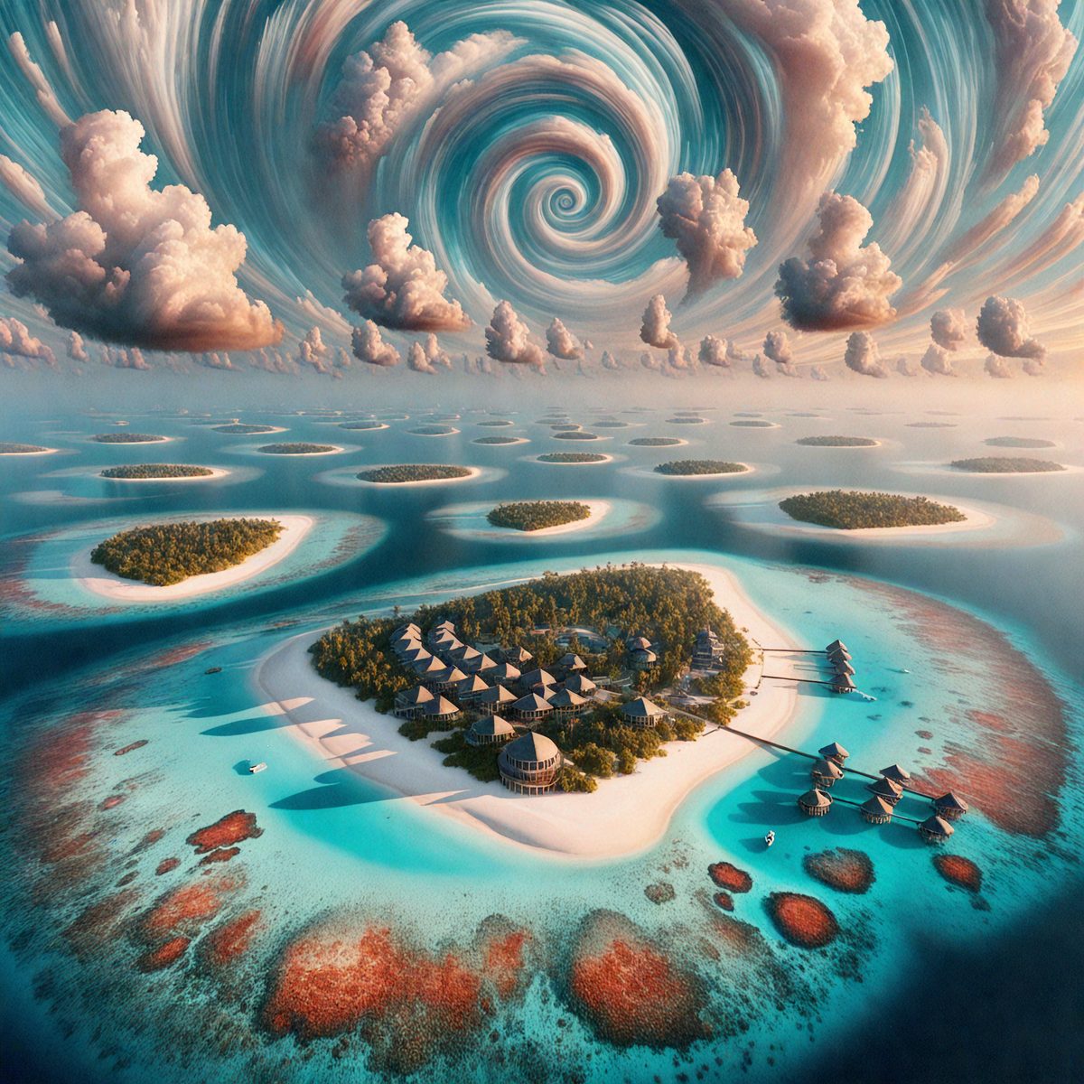 The primary subject of the image is a small island with a sandy beach and a few buildings on it. The island is surrounded by a beautiful blue ocean. The setting is a tropical environment, with a cloudy sky above the island. The visual style of the image is a digital art or illustration, creating a vibrant and colorful atmosphere. The dominant colors are blue and white, with the blue ocean and white clouds, while the sandy beach and buildings on the island add a touch of warmth and contrast to the scene.